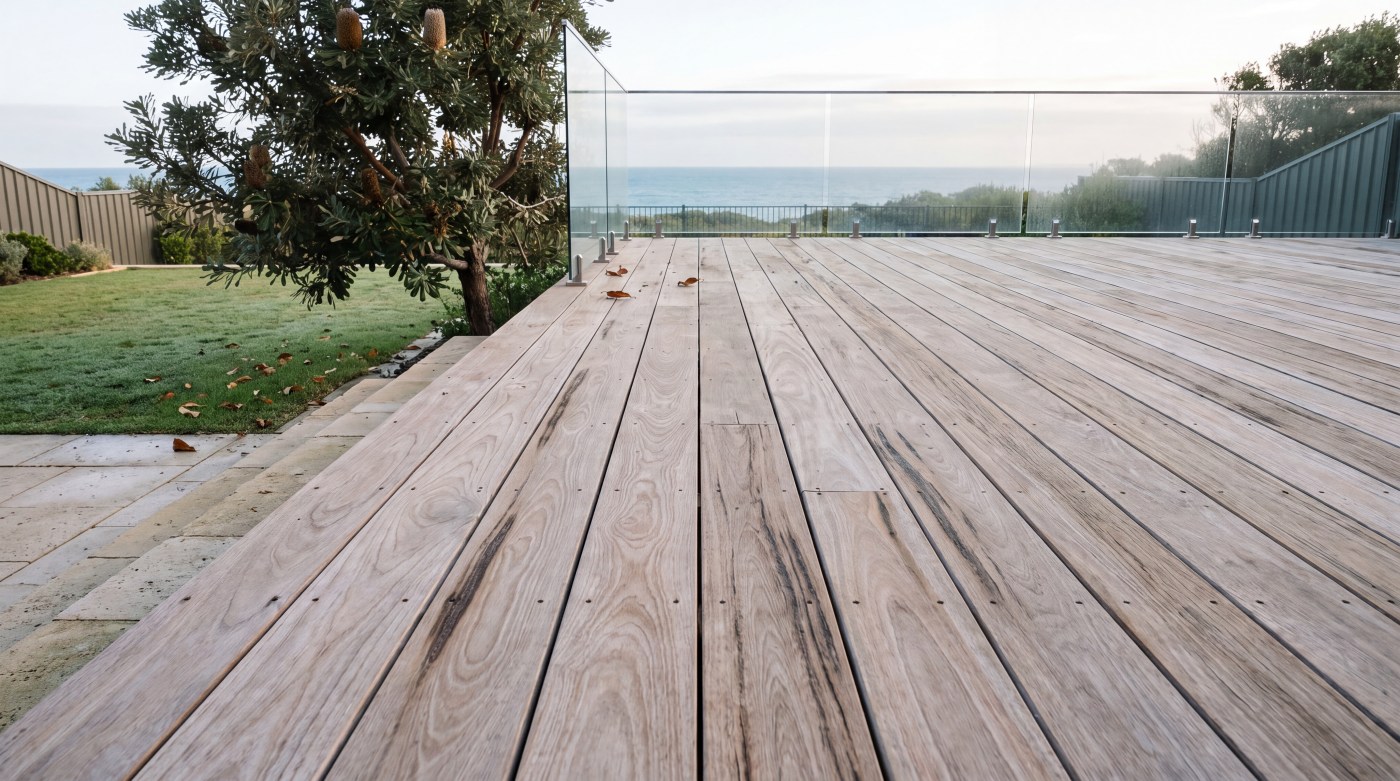 Silver-grey weathered hardwood decking boards on a terrace with a glass balustrade and ocean view
