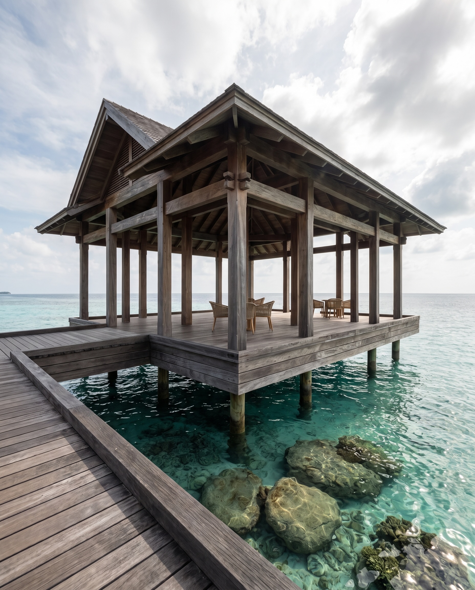 Weathered hardwood posts, beams and decking forming an open pavilion on piles over a turquoise lagoon