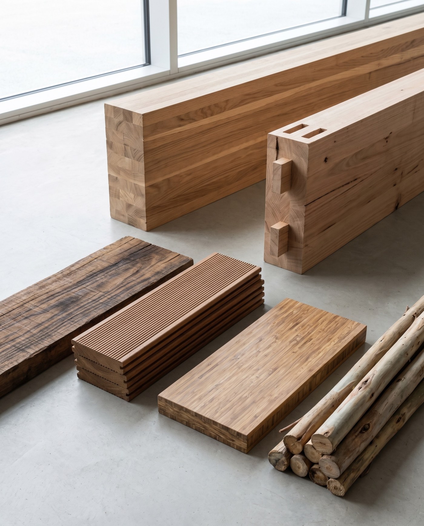 Hardwood glulam beams, weathered hardwood, decking boards, bamboo panel and eucalyptus poles laid out on a concrete floor